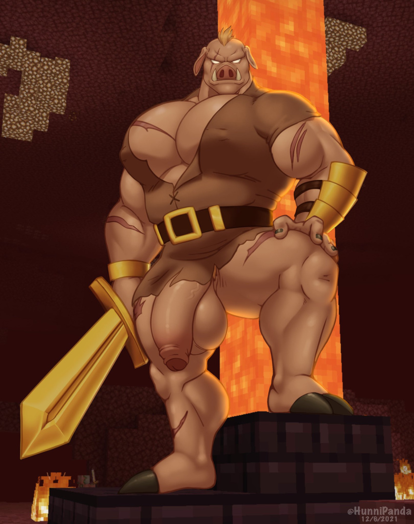 2021 anthro armor balls barazoku belt bent_leg big_balls big_muscles big_pecs big_penis bottomless bracers brick clothed clothing flaccid foreskin genitals gold_(metal) hair hand_on_leg hi_res holding_object holding_sword holding_weapon hooves humanoid_genitalia humanoid_penis hunnipanda lava looking_at_viewer male mammal melee_weapon microsoft minecraft mojang muscular muscular_anthro muscular_male nether pecs penis piglin piglin_brute rock scar solo standing suid suina sus_(pig) sword thick_thighs tunic tusks unconvincing_armor video_games weapon white_eyes xbox_game_studios