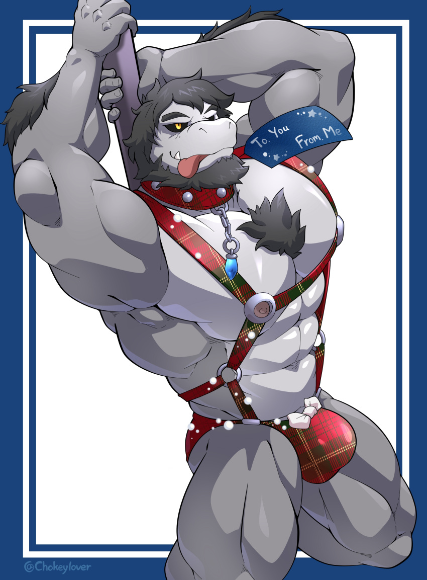 absurd_res anthro beard black_hair bulge chest_tuft christmas collar dragon facial_hair grey_body hair harness hi_res holidays maldu male muscular muscular_anthro muscular_male nipples pecs pole solo stripper_pole tongue tuft yellow_eyes