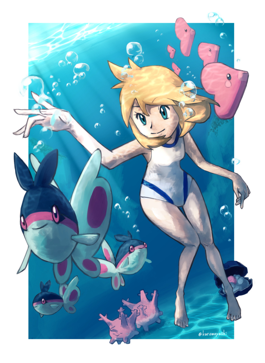 1girl air_bubble bangs bare_arms blonde_hair border breasts bubble clamperl closed_mouth commentary_request corsola eyelashes finneon freediving green_eyes highres knees kuro_moyashi looking_to_the_side luvdisc medium_hair misty_(pokemon) one-piece_swimsuit pokemon pokemon_(creature) pokemon_(game) pokemon_hgss smile swimsuit underwater white_border white_swimsuit