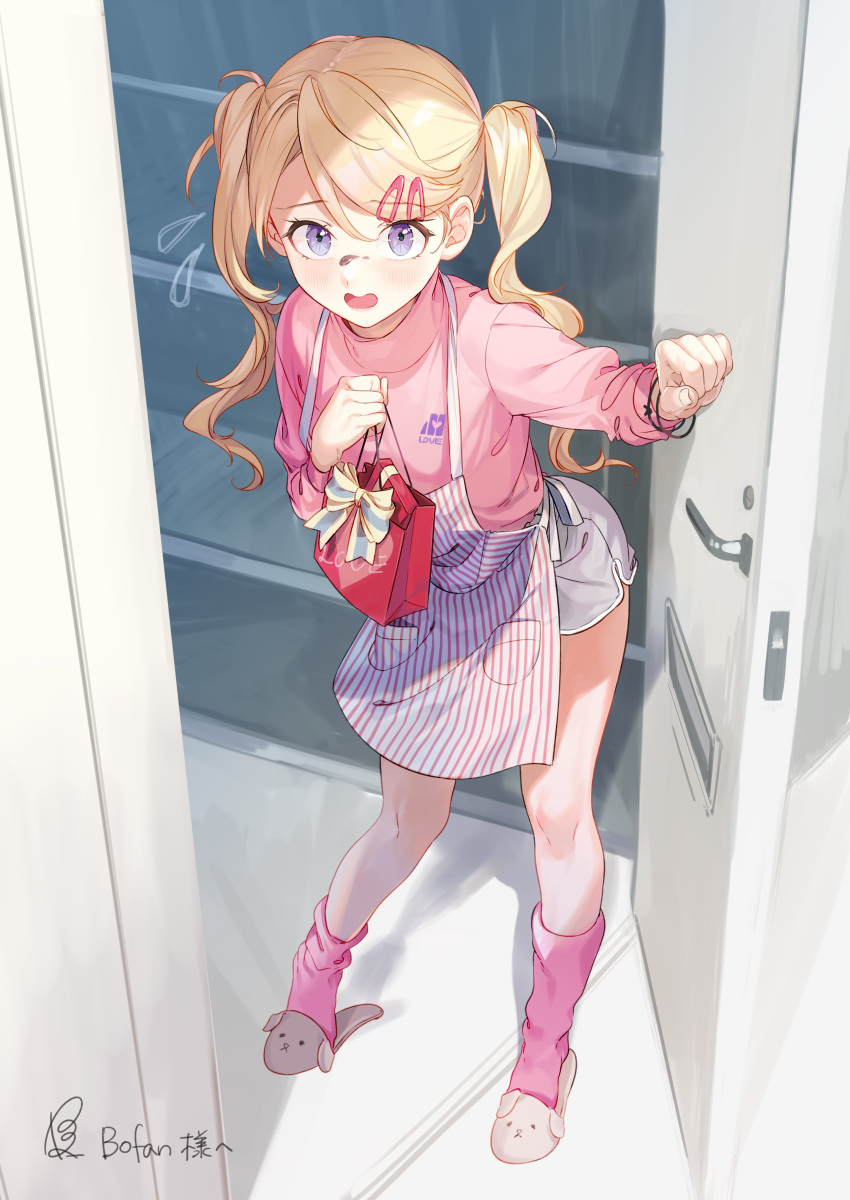 1girl absurdres almic apron bag blonde_hair blue_eyes blush breasts door eyebrows_visible_through_hair hair_ornament hairclip highres holding holding_bag long_hair long_sleeves looking_at_viewer medium_breasts open_mouth original pink_legwear pink_shirt shirt socks solo twintails valentine white_day