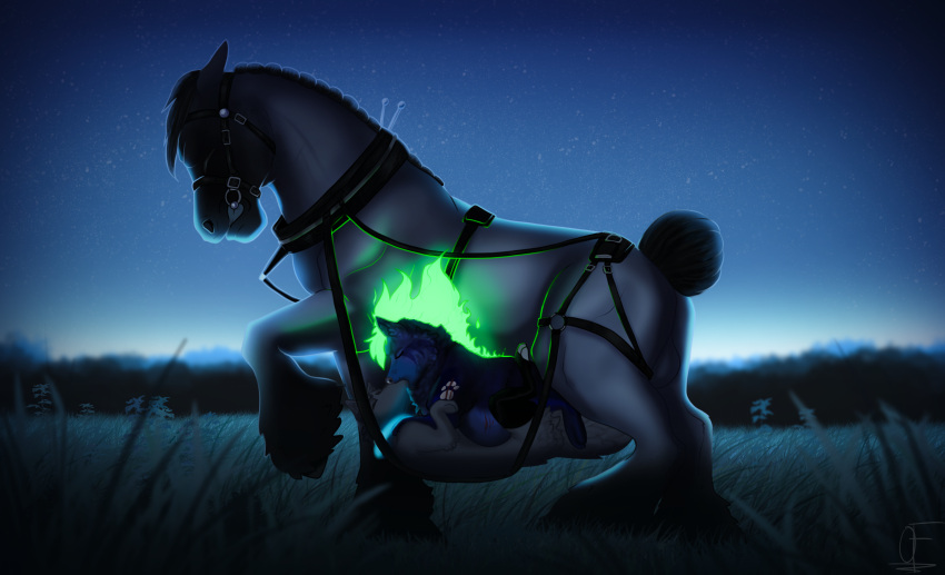 absurd_res background_sky belly blue_body blue_fur canid canine canis clothing digital_drawing_(artwork) digital_media_(artwork) draft_horse equid equine erection female feral field fire fluffy footwear from_front_position full-length_portrait fur garter_straps glowing glowing_markings gradient_background green_hair group hair harness hi_res hooves horse kissing knot lying male male/female mammal markings missionary_position night olexafox on_back portrait scar sex simple_background size_difference socks wolf