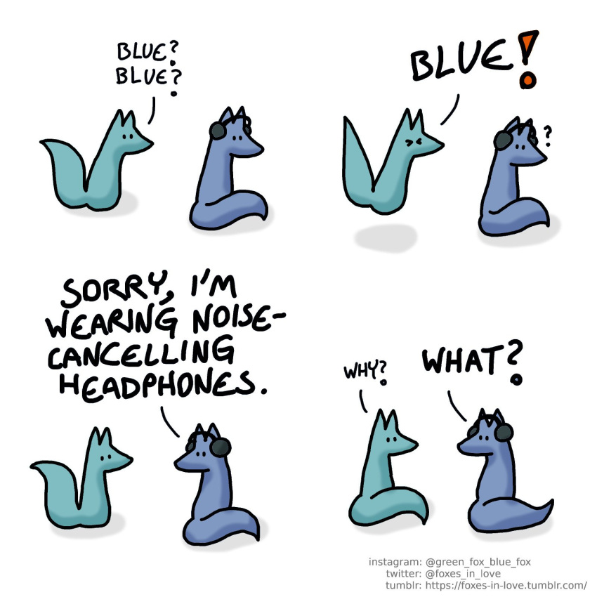 ! 1:1 ? blue_body blue_fox_(foxes_in_love) blue_fur blue_tail canid canine comic dialogue duo english_text feral fox foxes_in_love fur green_body green_fox_(foxes_in_love) green_fur green_tail headphones hi_res male_(lore) mammal shadow simple_background text url