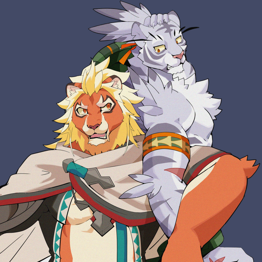 2boys absurdres animal_ears back-to-back bara character_request colored_sclera furry furry_male grey_fur highres lion_boy locked_arms male_focus multiple_boys muscular muscular_male nimbus_(world_flipper) nipples orange_fur pectorals relax_lion snout tiger_boy tiger_ears topless_male two-tone_fur underpec white_fur world_flipper yellow_sclera