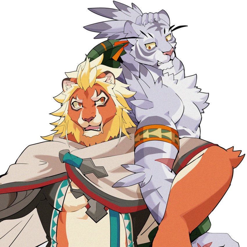 2boys absurdres animal_ears back-to-back bara character_request colored_sclera furry furry_male grey_fur highres lion_boy locked_arms male_focus multiple_boys muscular muscular_male nimbus_(world_flipper) nipples orange_fur pectorals relax_lion snout tiger_boy tiger_ears topless_male two-tone_fur underpec white_background white_fur world_flipper yellow_sclera