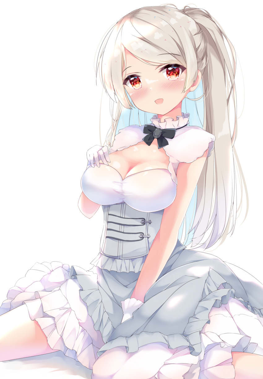 1girl absurdres blush breasts brown_eyes cleavage conte_di_cavour_(kancolle) dress eyebrows_visible_through_hair fuuna gloves highres kantai_collection large_breasts layered_dress long_hair open_mouth remodel_(kantai_collection) silver_hair simple_background smile solo two-tone_dress two_side_up white_background white_dress white_gloves