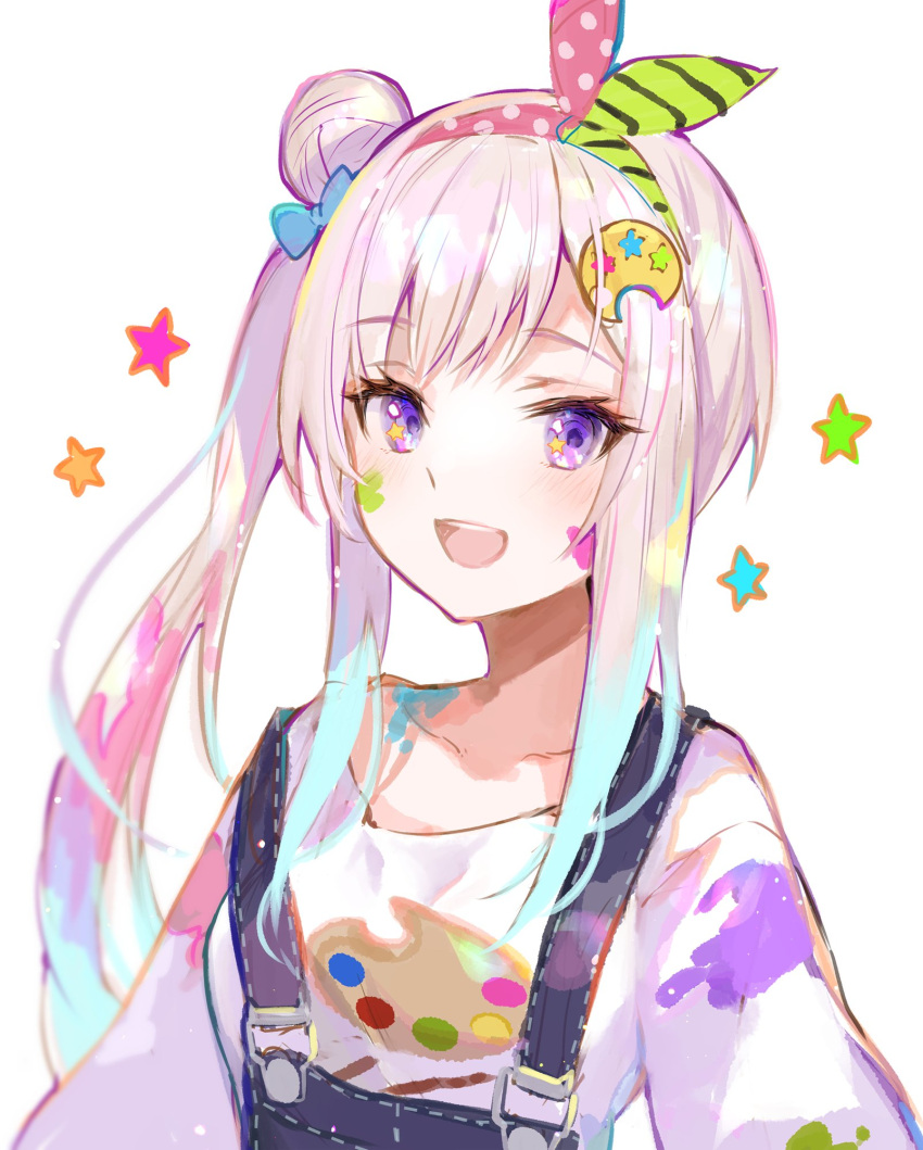 1girl airani_iofifteen collarbone fuzichoco hair_ornament hair_ribbon hairband hairclip highres hololive hololive_indonesia multicolored_hair open_mouth overalls paint_splatter pink_hair purple_eyes ribbon side_bun side_ponytail solo two-tone_hair upper_body virtual_youtuber