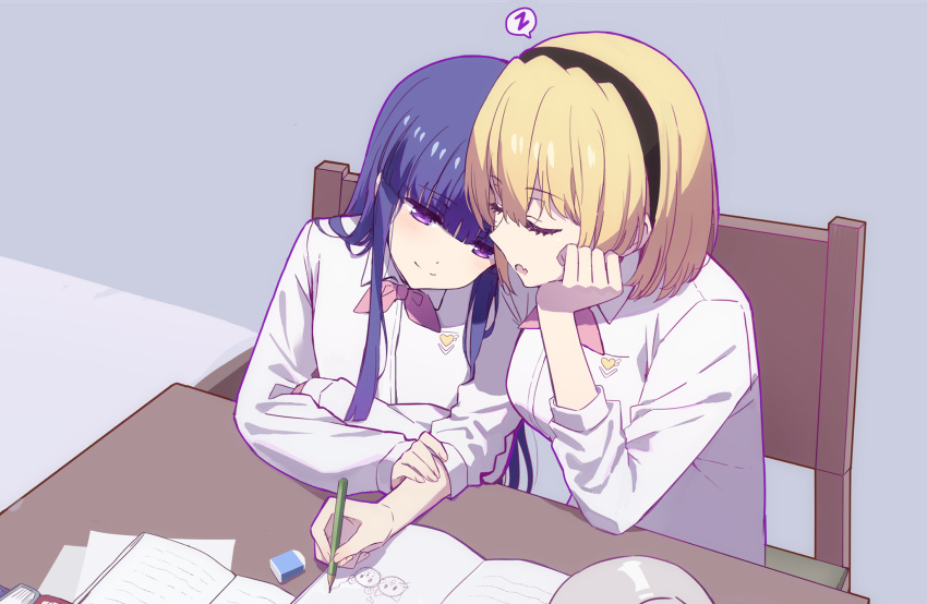 2girls bangs black_hairband blonde_hair blue_hair blunt_bangs blush chair closed_eyes collared_shirt commentary desk dot_nose drawing eraser eyebrows_visible_through_hair fang furude_rika hair_between_eyes hairband hand_on_another's_arm head_rest heads_together highres higurashi_no_naku_koro_ni hime_cut holding holding_pencil houjou_satoko indoors long_sleeves multiple_girls notebook parted_lips pencil pink_neckwear school_uniform shirt sidelocks sitting skin_fang sleeping sleeping_upright smile speech_bubble spoken_zzz st._lucia_academy_school_uniform upper_body usamin_(artist) white_shirt yuri zzz