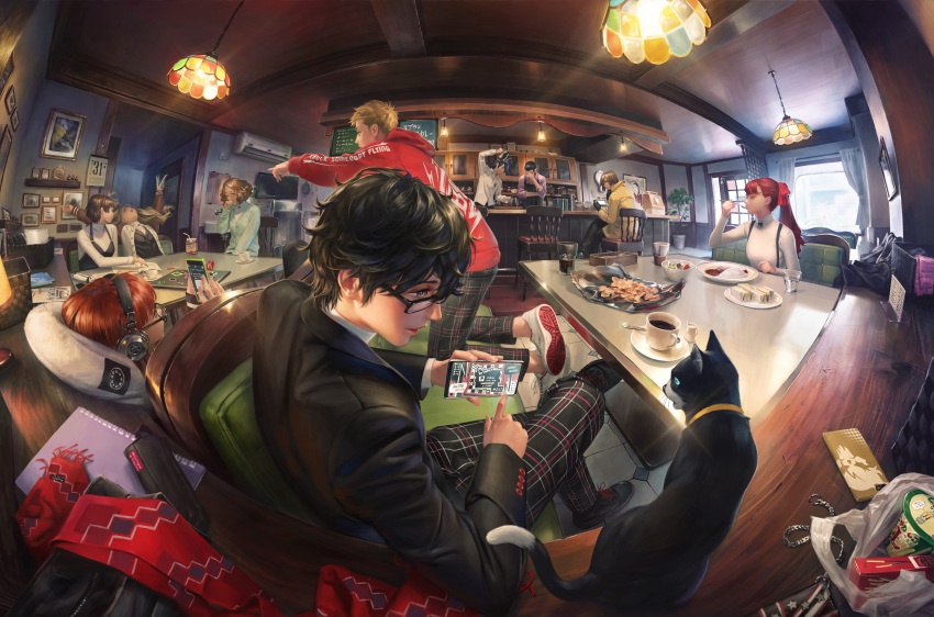 5boys 5girls akechi_gorou amamiya_ren cafe cat cellphone glasses headphones highres jacket kitagawa_yuusuke looking_at_another morgana_(persona_5) multiple_boys multiple_girls namako_mikan niijima_makoto okumura_haru persona persona_5 persona_5_the_royal perspective phone pointing_at_another sakamoto_ryuuji sakura_futaba sakura_soujirou shuujin_academy_uniform sitting smartphone table takamaki_anne yoshizawa_kasumi