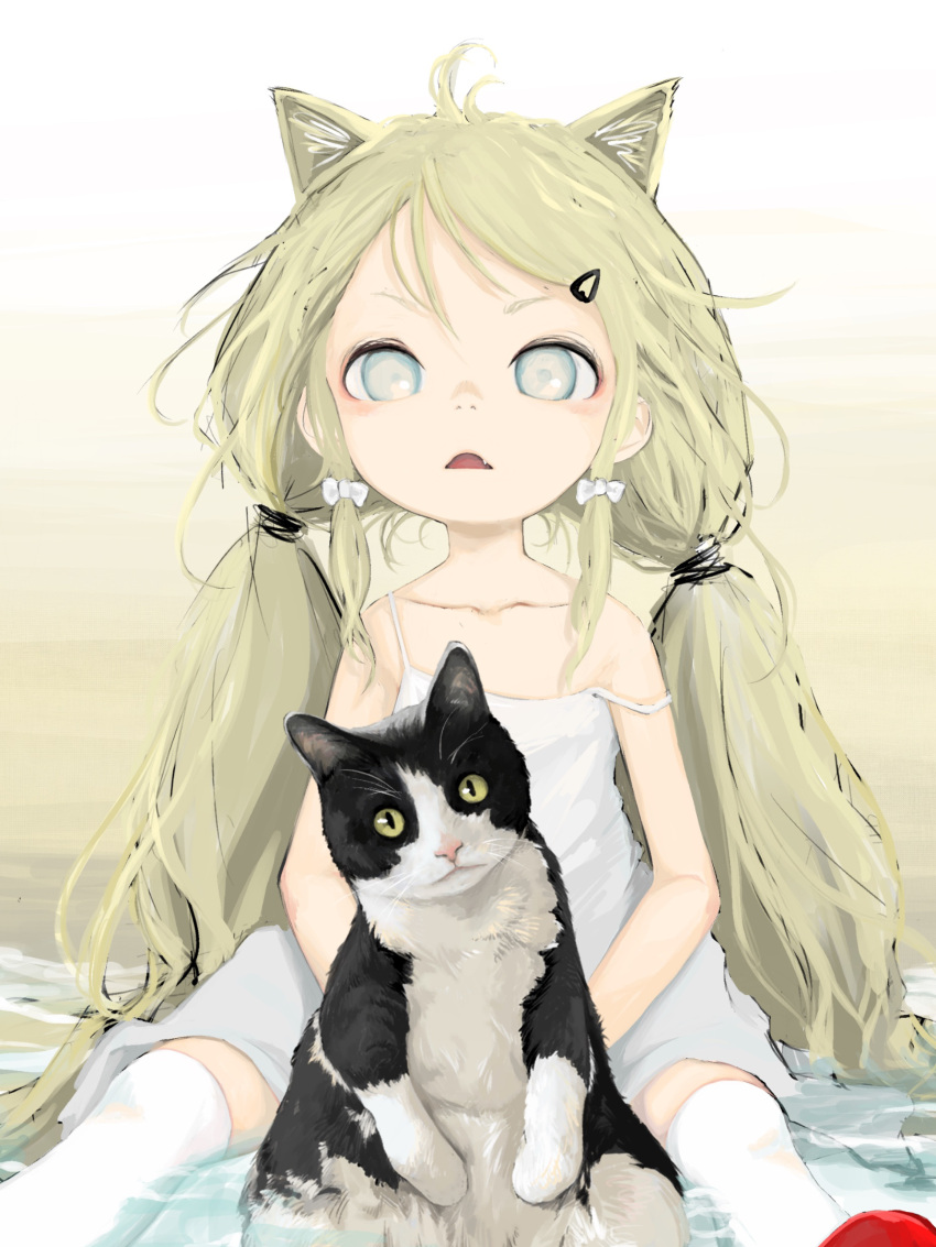 1girl animal_ears bare_shoulders blonde_hair blue_eyes cat cat_ears child fang hair_ornament hair_ribbon hairclip highres long_hair looking_at_viewer messy_hair ohgnokuni open_mouth original ribbon solo twintails very_long_hair