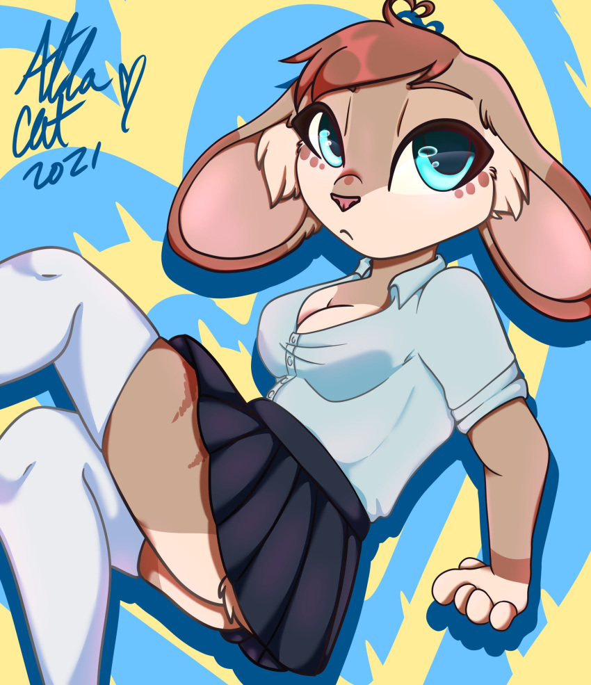 absolute_territory anthro atlacat bottomwear breasts cleavage clothed clothing colorful colorful_background dress_shirt ela(atlacat) female hi_res lagomorph legwear leporid mammal miniskirt rabbit shaded shirt simple_shading skirt solo thigh_highs topwear