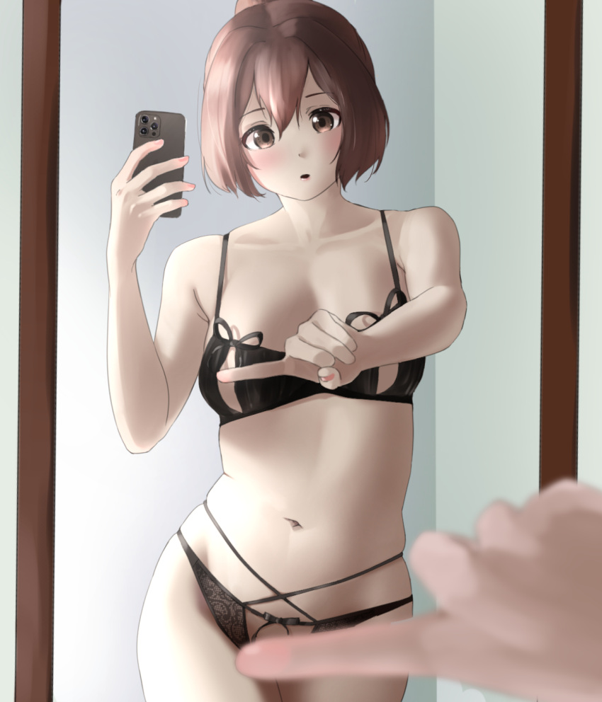 1girl blush breasts brown_eyes brown_hair cellphone convenient_censoring hair_between_eyes highres holding ise_(kancolle) kantai_collection large_breasts looking_at_viewer meme mirror navel one_finger_selfie_challenge open_mouth panties phone reflection selfie short_hair smartphone solo tama_(seiga46239239) underwear