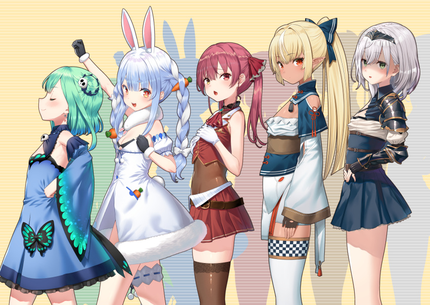 5girls :d alternate_breast_size animal_ear_fluff animal_ears arm_guards arm_up ascot bangs bare_arms black_gloves blonde_hair blue_dress blue_hair blue_skirt blush bodystocking bow braid breasts brown_legwear bunny-shaped_pupils carrot_hair_ornament closed_eyes closed_mouth commentary_request cowboy_shot dark-skinned_female dark_skin detached_collar detached_sleeves don-chan_(usada_pekora) dress earrings eyebrows_visible_through_hair facing_away fingerless_gloves flat_chest food-themed_hair_ornament frilled_dress frills from_side gloves green_eyes green_hair grey_hair hair_bow hair_bun hair_ornament hair_ribbon hairband hand_on_hip hands_on_own_chest heterochromia highres hololive hololive_fantasy houshou_marine jacket jewelry leg_garter long_hair long_sleeves looking_at_viewer miniskirt multicolored_hair multiple_girls open_mouth pleated_skirt pointy_ears ponytail profile rabbit_ears rabbit_girl rabbit_tail red_ascot red_eyes red_hair red_jacket red_ribbon red_skirt ribbon shaded_face shiranui_flare shirogane_noel short_eyebrows short_hair sideways_glance skirt skull_earrings skull_hair_ornament sleeveless sleeveless_jacket small_breasts smile standing strapless strapless_dress streaked_hair swimsuit symbol-shaped_pupils tail thick_eyebrows thighhighs twin_braids twintails two_side_up uruha_rushia usada_pekora virtual_youtuber white_bow white_dress white_gloves white_hair white_legwear yasuyuki yellow_eyes