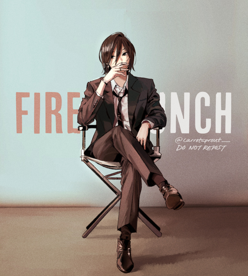 1girl bangs black_hair carrotsprout copyright_name cross cross_earrings crossed_legs director director's_chair earrings expressionless fire_punch formal hair_between_eyes highres jewelry mole mole_under_eye mole_under_mouth necktie short_hair sitting solo suit togata_(fire_punch) tomboy twitter_username
