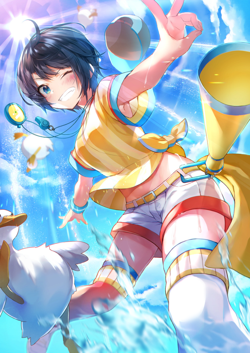 1girl ;) alicecoco asymmetrical_legwear bird black_hair blue_eyes blue_sky blush commentary_request day duck grin highres hololive looking_at_viewer megaphone mismatched_legwear one_eye_closed oozora_subaru outdoors red_legwear shirt short_hair short_shorts short_sleeves shorts sky smile solo stopwatch_around_neck striped striped_shirt sun thighhighs v vertical-striped_shirt vertical_stripes virtual_youtuber water whistle whistle_around_neck white_legwear white_shorts wristband yellow_shirt