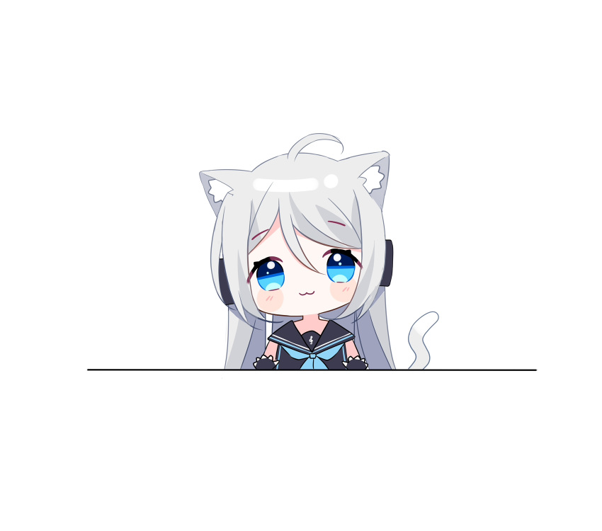 1girl :3 ahoge amatsuka_uto animal_ear_fluff animal_ears bangs black_dress black_gloves black_sailor_collar blue_eyes blue_neckwear blush cat_ears chibi closed_mouth deyui dress eyebrows_visible_through_hair fingerless_gloves gloves grey_hair hair_between_eyes hand_up headphones highres indie_virtual_youtuber long_hair looking_at_viewer neckerchief sailor_collar sailor_dress simple_background sleeveless sleeveless_dress solo treble_clef very_long_hair virtual_youtuber white_background