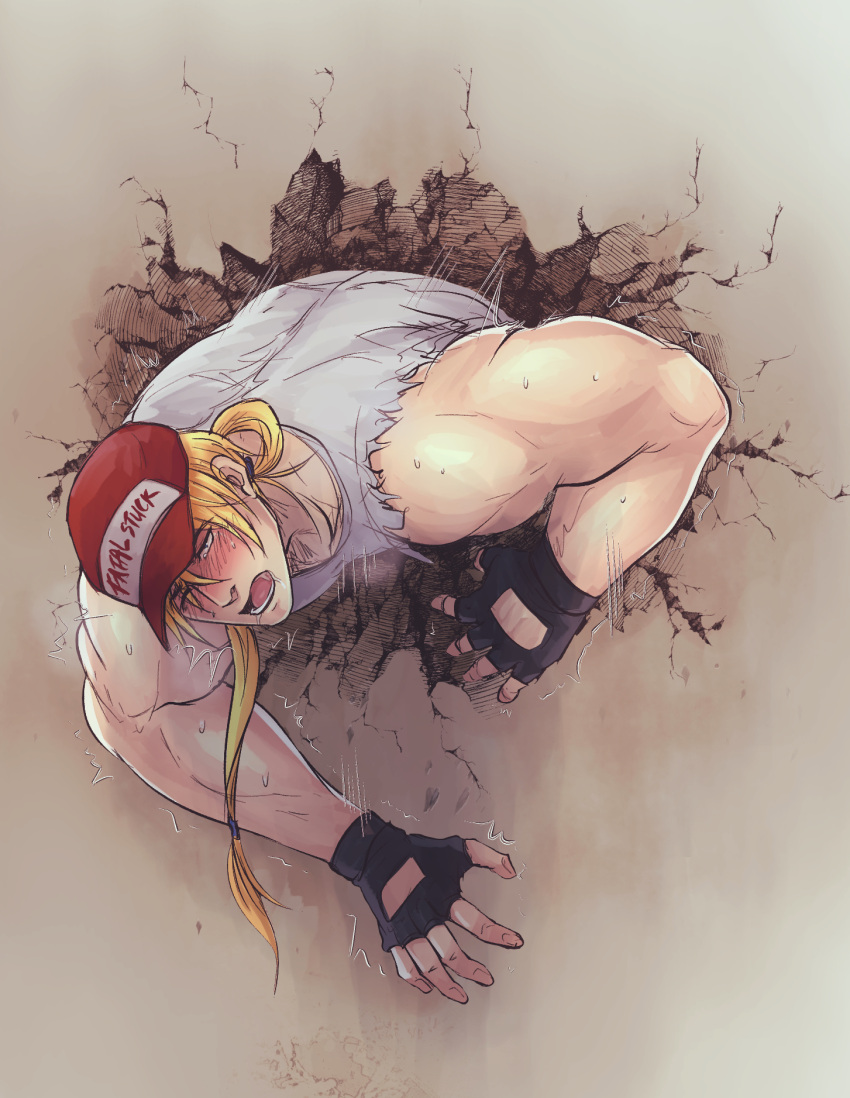 1boy bara baseball_cap blonde_hair blush covered_nipples dress glory_wall hal_(harenchiou) hat highres implied_anal implied_sex ken_masters large_pectorals long_hair male_focus muscular muscular_male pectorals restrained sexually_suggestive sleeveless sleeveless_dress solo street_fighter street_fighter_ii_(series) stuck through_wall torogao upper_body