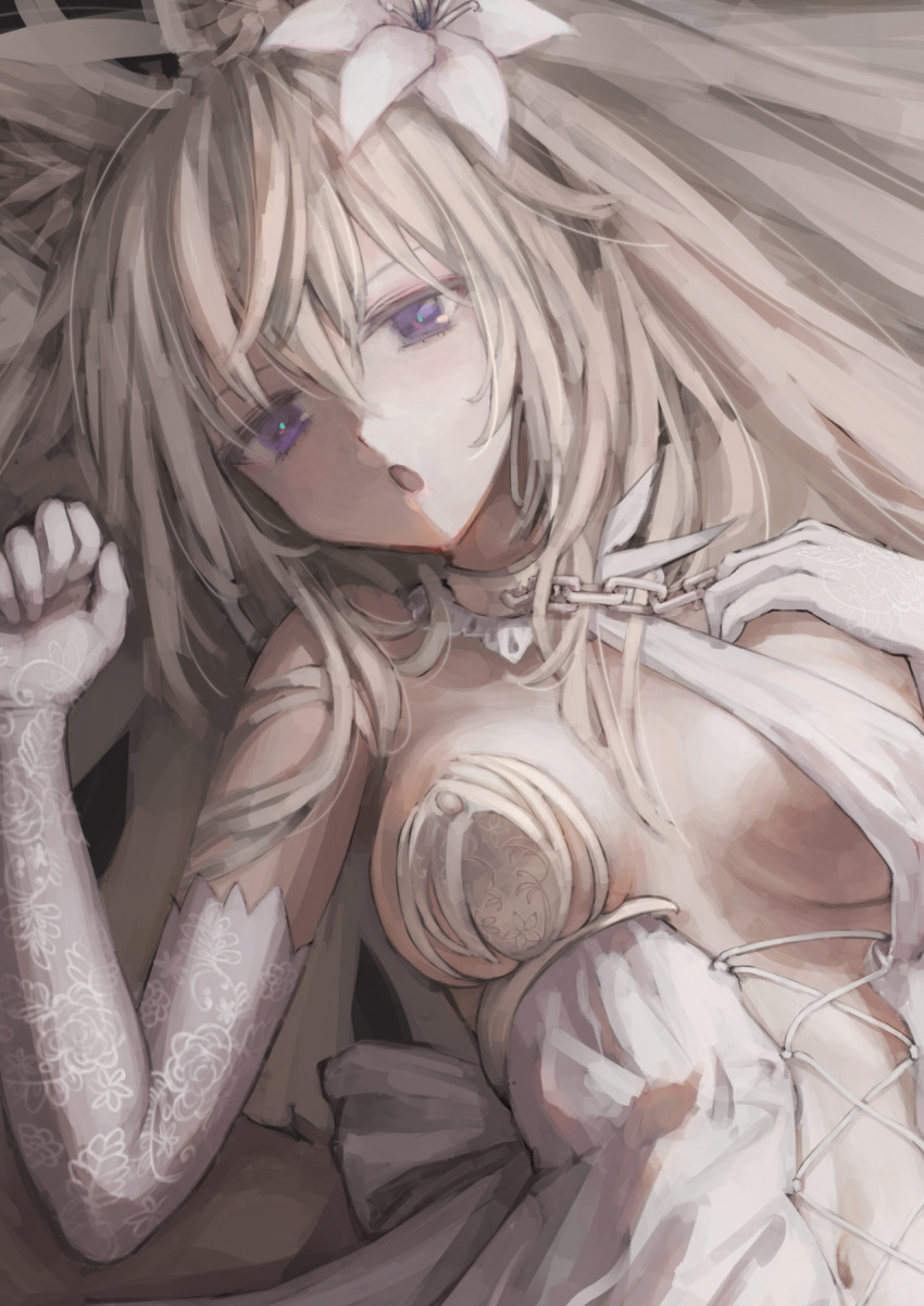 1girl animal_ear_fluff animal_ears bare_shoulders blonde_hair blue_pupils bow chain covered_nipples cropped cuffs elbow_gloves floral_print flower gloves hair_between_eyes hair_flower hair_ornament highres long_hair lying navel on_back open_mouth original osabachan purple_eyes shackles solo white_bow white_flower white_gloves wolf_ears