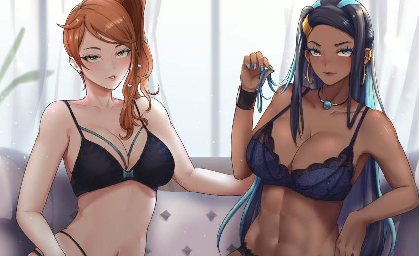 2girls bare_shoulders black_hair blue_hair blush bra breasts cleavage couch curtains dark-skinned_female dark_skin earrings elbow_rest green_eyes grey_eyes hair_ornament heart heart_hair_ornament highres indoors jewelry large_breasts lingerie lips looking_at_viewer makeup mascara multicolored_hair multiple_girls nail_polish navel necklace nessa_(pokemon) panties plant playing_with_own_hair pokemon pokemon_(game) pokemon_swsh red_hair seductive_smile side_ponytail smile sonia_(pokemon) thighhighs tinnies underwear upper_body window zettai_ryouiki