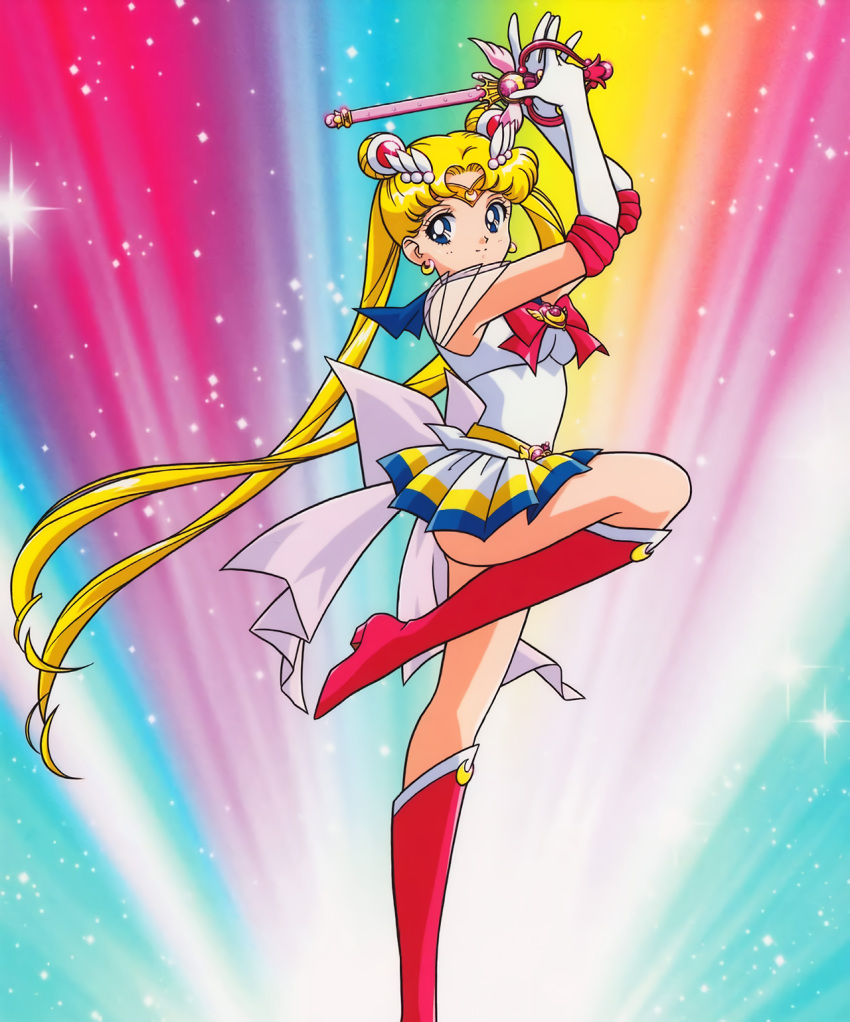 1990s_(style) 1girl arms_up back_bow bishoujo_senshi_sailor_moon blonde_hair blue_eyes boots bow double_bun elbow_gloves gloves highres holding knee_boots leotard long_hair looking_at_viewer magical_girl miniskirt multicolored_clothes multicolored_skirt official_art pink_footwear pleated_skirt retro_artstyle sailor_moon sailor_senshi skirt smile solo super_sailor_moon tiara tsukino_usagi twintails very_long_hair