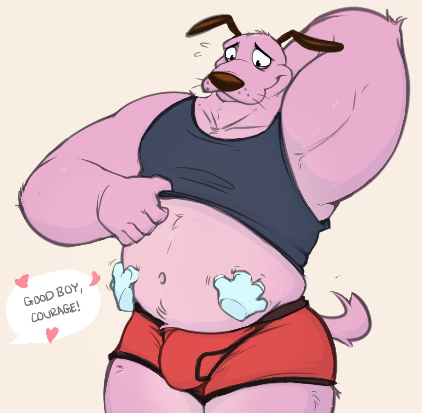 &lt;3 2021 anthro beagle belly big_belly bodily_fluids bulge canid canine canis cartoon_network clothed clothing courage_the_cowardly_dog courage_the_cowardly_dog_(character) dialogue disembodied_hand domestic_dog english_text eyebrows fur hand_behind_head hi_res hunting_dog male mammal mosin musclegut muscular muscular_anthro muscular_male narrowed_eyes navel overweight overweight_anthro overweight_male petting pink_body pink_fur praise raised_clothing raised_shirt raised_tank_top raised_topwear scent_hound shirt simple_background smile solo standing sweat sweatdrop tank_top text topwear tuft underwear whiskers white_background