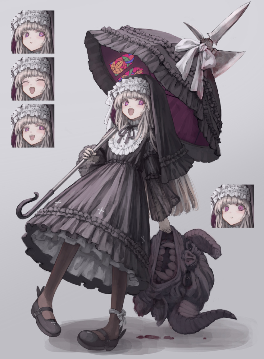 1girl axe black_dress black_footwear black_ribbon black_umbrella bleeding blood blood_on_weapon blush bow broken_horn closed_eyes closed_mouth cross dress expressions eyelashes fangs floral_print frilled_dress frills grey_background grey_hair hand_in_mouth highres holding holding_axe holding_head holding_polearm holding_umbrella holding_weapon horns long_eyelashes long_hair long_sleeves monster nun open_mouth original osabachan over_shoulder parted_lips polearm pout purple_eyes ribbon severed_head smile solo spear stained_glass surprised symbol-shaped_pupils teeth umbrella upper_teeth weapon weapon_over_shoulder white_bow wide_sleeves x_x