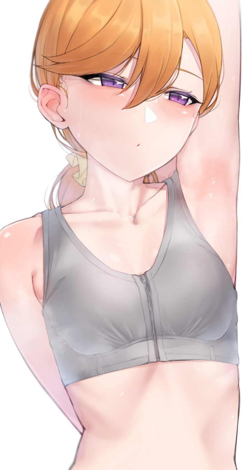 1girl absurdres alternate_hairstyle arm_behind_back arm_up armpits bangs bare_arms bare_shoulders blurry blush breasts closed_mouth collarbone commentary_request depth_of_field grey_sports_bra hair_between_eyes hair_ornament hair_scrunchie half-closed_eyes highres long_hair looking_away love_live! love_live!_superstar!! low_ponytail medium_breasts nasuno_(nasuno42) orange_hair ponytail purple_eyes scrunchie shibuya_kanon simple_background solo sports_bra steaming_body sweat swept_bangs upper_body white_background yellow_scrunchie zipper zipper_pull_tab