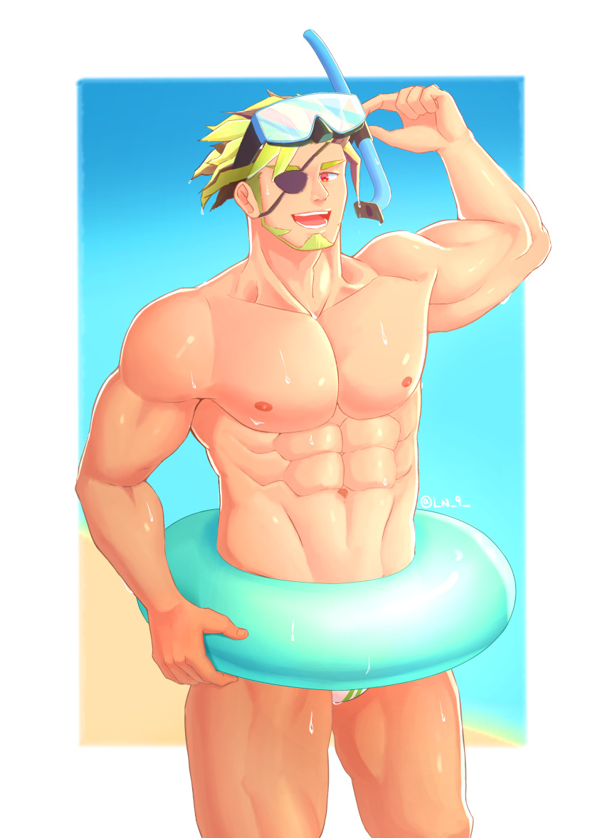 1boy :d abs absurdres alternate_costume alternate_hairstyle bangs bara beard bulge diving_mask diving_mask_on_head eyepatch facial_hair feet_out_of_frame goggles goggles_on_head green_hair highres innertube large_pectorals leon_(world_flipper) ln_9_(8672058) looking_at_viewer male_focus male_swimwear mature_male multicolored_hair muscular muscular_male navel nipples pectorals short_hair smile solo stomach swept_bangs swim_briefs thick_thighs thighs topless_male two-tone_hair wet white_male_swimwear world_flipper