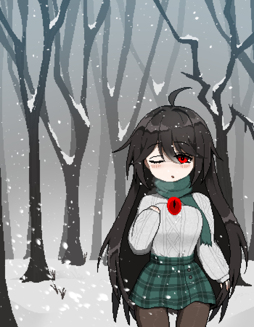 1girl absurdres ahoge alternate_costume bangs bare_tree black_hair black_legwear blush breasts breath cold commentary cowboy_shot eyebrows_visible_through_hair forest green_scarf green_skirt grey_sweater hair_between_eyes highres large_breasts long_hair looking_at_viewer nature no_wings one_eye_closed open_mouth outdoors pantyhose pixel_art plaid plaid_skirt red_eyes reiuji_utsuho scarf sechy skirt sleeves_past_wrists snow snowing solo sweater third_eye touhou tree winter