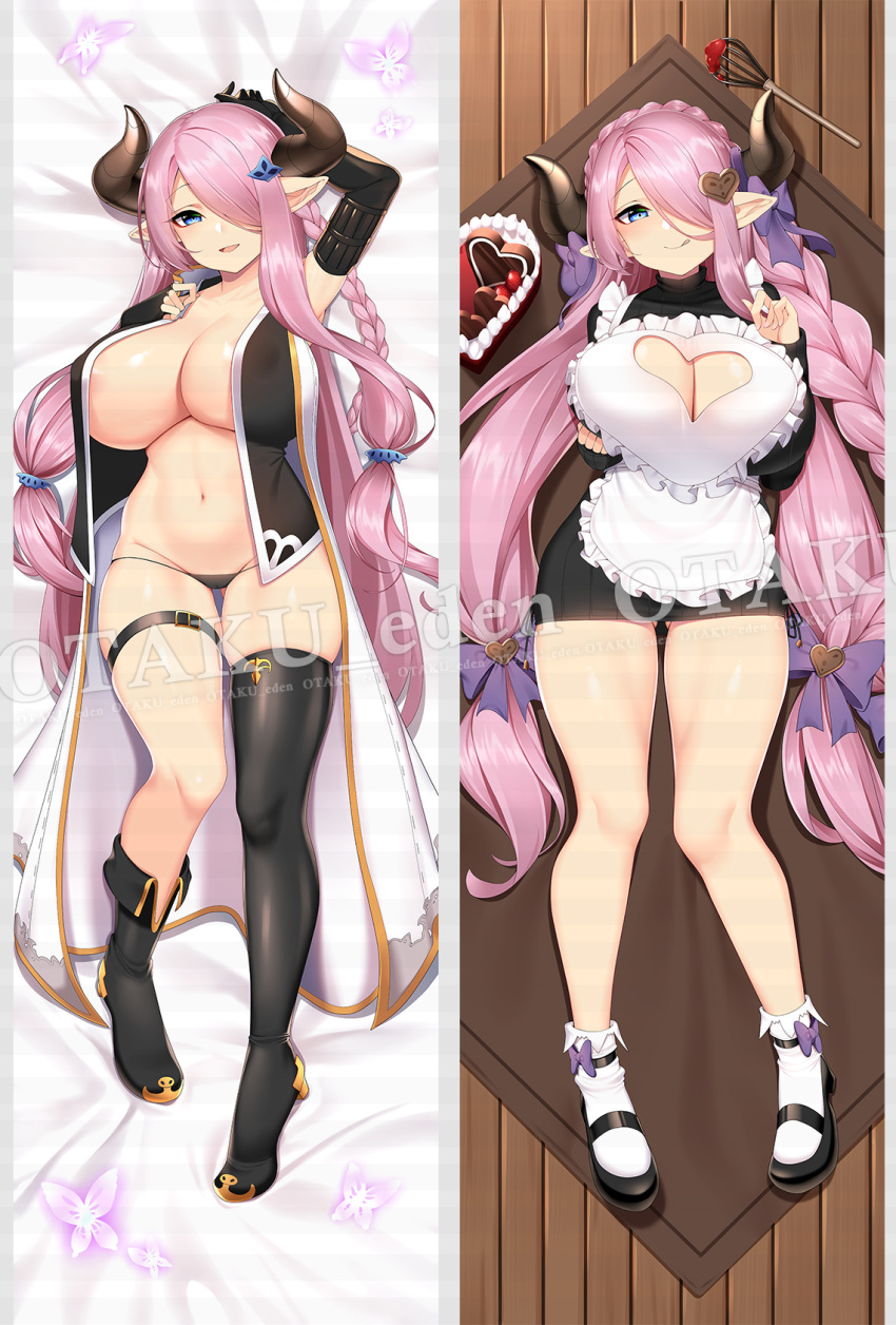 1girl apron asymmetrical_gloves bangs bare_legs black_gloves black_legwear black_panties blue_eyes boots bow braid breasts bug butterfly cake chixiao cleavage cleavage_cutout clothing_cutout crown_braid dakimakura_(medium) draph dress elbow_gloves fingerless_gloves food gloves granblue_fantasy hair_bow hair_ornament hair_over_one_eye hairclip heart heart-shaped_cake heart_cutout heart_hair_ornament highres horns large_breasts licking_lips long_hair low-tied_long_hair lying mary_janes meme_attire mismatched_gloves narmaya_(granblue_fantasy) navel on_bed on_floor open-chest_sweater open_clothes open_shirt panties parted_bangs pink_hair pointy_ears sample shoes single_thighhigh sleeveless smile sweater sweater_dress thigh_strap thighhighs tongue tongue_out underwear very_long_hair watermark whisk