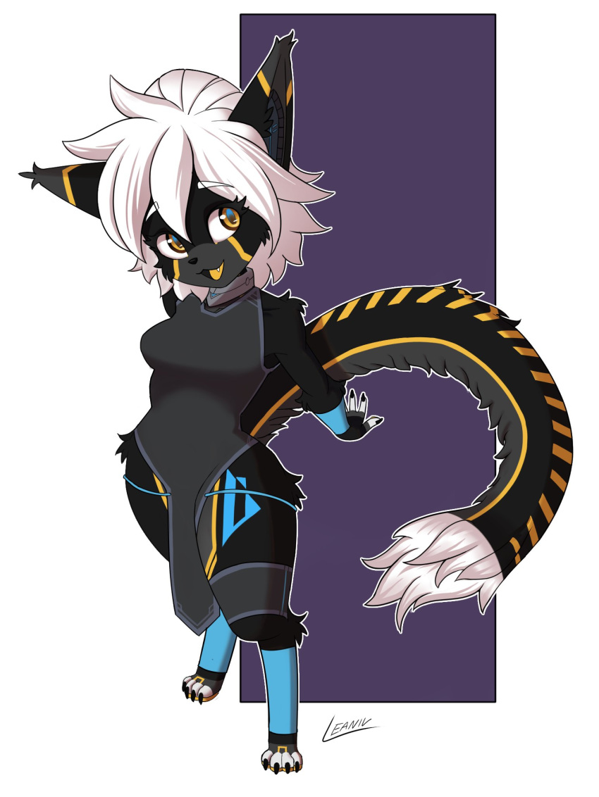 android anthro black_body clothed clothing dipstick_tail felid feline female fur fur_markings hair hi_res leaniv machine mammal markings robot short_stack signature solo solo_focus tail_markings warning_(fluff-kevlar) white_hair