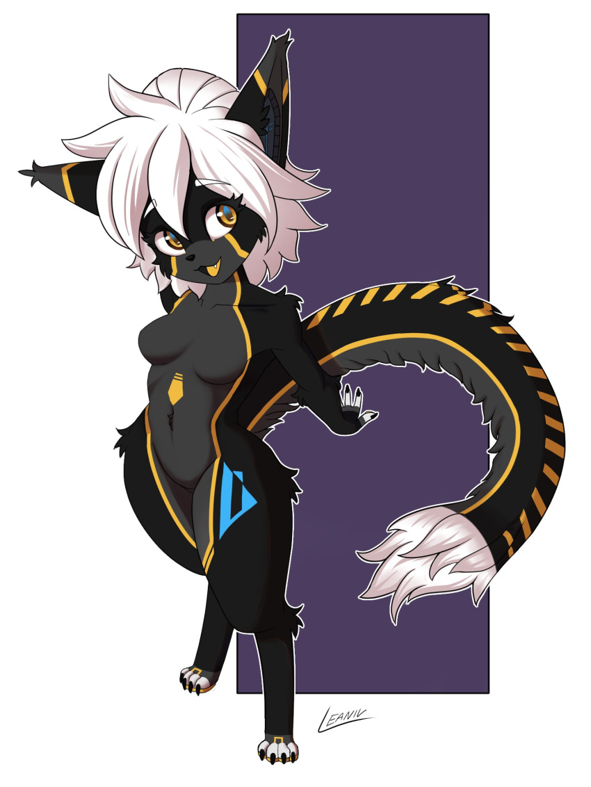 android anthro black_body breasts dipstick_tail featureless_breasts featureless_crotch felid feline female fur fur_markings grey_body hair hi_res leaniv machine mammal markings robot signature solo solo_focus tagme tail_markings warning_(fluff-kevlar) white_hair