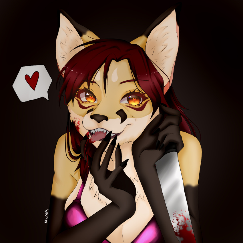 &lt;3 &lt;3_eyes 2021 anthro b_hope_a bikini bikini_top blood blood_on_knife bodily_fluids breasts brown_hair bust_portrait canid canine clothing dialogue_box ezo_red_fox facial_markings female finger_fetish finger_lick finger_play fingers fox fur hair head_markings hi_res knife licking licking_blood looking_at_viewer mammal markings open_mouth orange_eyes pink_bikini pink_clothing pink_swimwear portrait red_fox red_hair sharp_teeth simple_background solo swimwear teeth tongue tongue_out vulpes_foxnik white_body white_fur yandere yellow_body yellow_fur