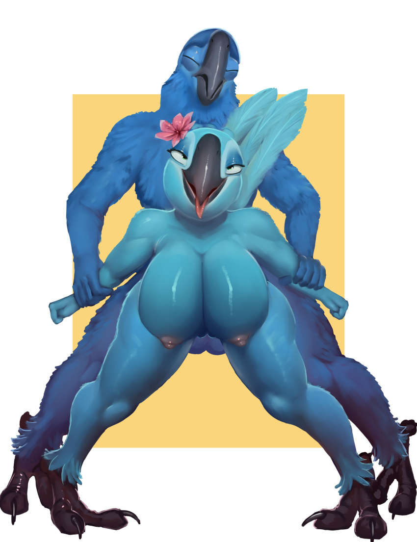 2021 ambiguous_penetration anthro anthro_on_anthro anthro_penetrated anthro_penetrating anthro_penetrating_anthro areola arm_pull avian balls beak beck big_breasts bird bird_feet blu_(rio) blue_body blue_feathers blue_macaw blue_sky_studios breasts claws digital_media_(artwork) duo eye_roll eyes_closed feathers feet female female_penetrated from_behind_position genitals goldmikun hi_res jewel_(rio) looking_pleasured macaw male male/female male_penetrating male_penetrating_female neotropical_parrot nipples non-mammal_breasts nude open_mouth parrot penetration penile penile_penetration prison_guard_position rio_(series) sex simple_background spix's_macaw standing standing_sex tail_feathers true_parrot