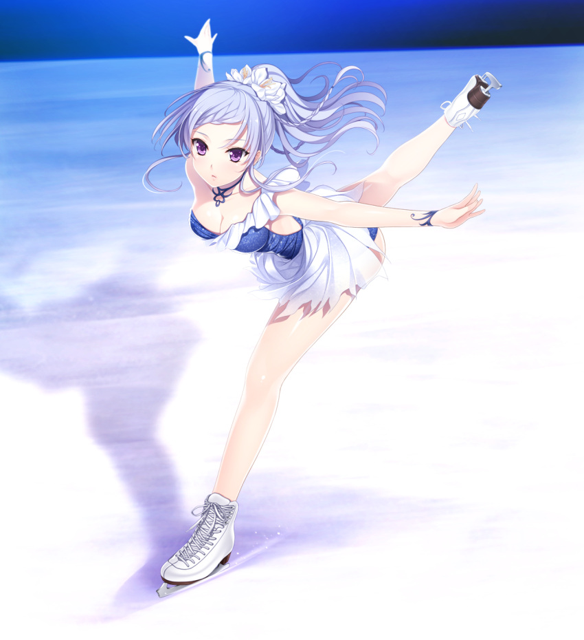 1girl akino_subaru asymmetrical_clothes blue_leotard breasts cleavage collarbone floating_hair flower full_body game_cg gin'iro_haruka gloves hair_flower hair_ornament highres ice_skating jewelry kisaragi_mizuha leg_up leotard long_hair medium_breasts necklace official_art outstretched_arms ponytail silver_hair single_glove skating solo strapless strapless_leotard white_flower white_footwear white_gloves