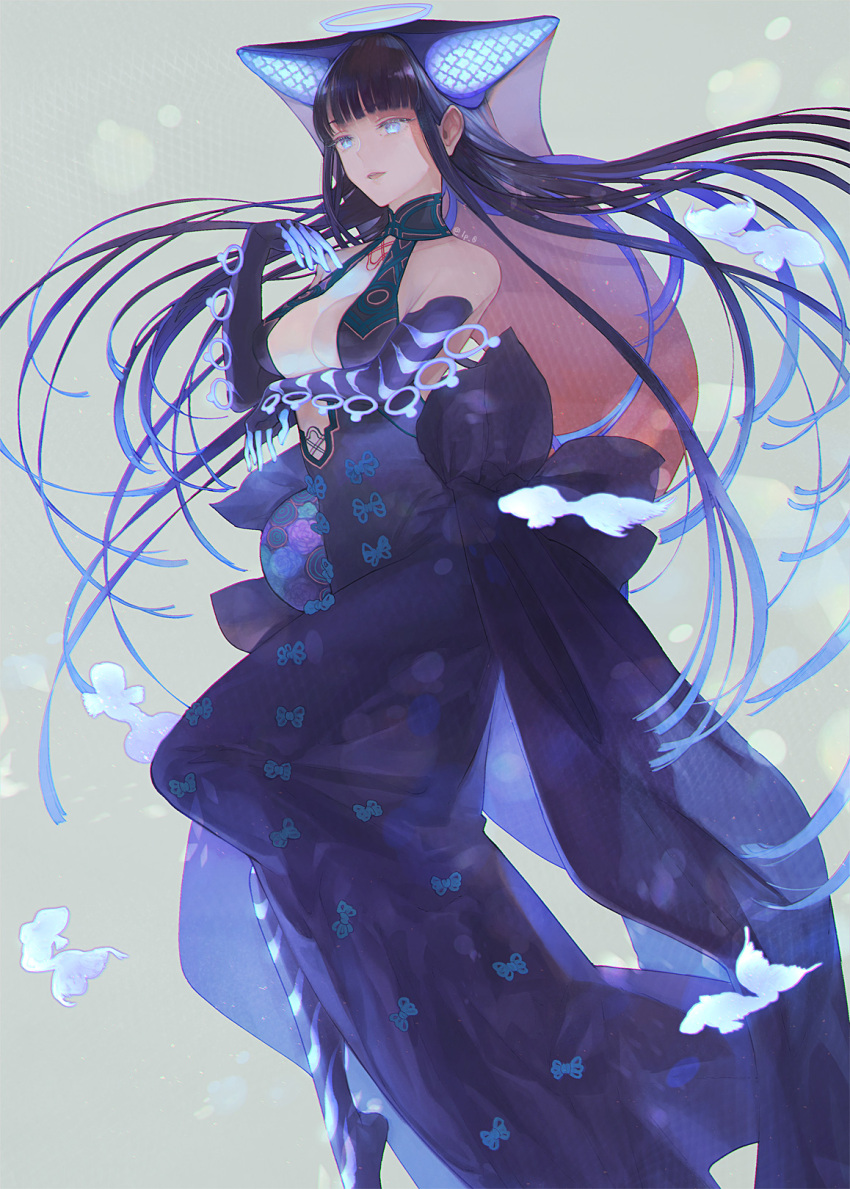 1girl arm_under_breasts bangs blue_eyes blue_hair blue_theme blunt_bangs breasts cleavage cleavage_cutout clothing_cutout dress elbow_gloves fate/grand_order fate_(series) flower gloves glowing gown gradient_hair hair_ornament halterneck hand_up highres long_hair looking_away multicolored_hair open_mouth purple_hair rose smile solo veil xero yang_guifei_(fate)