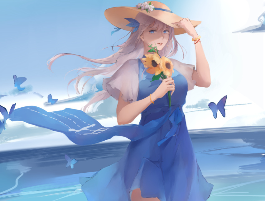 1girl blue_dress blue_eyes blue_sky bug butterfly closed_mouth commentary_request day dress eyebrows_visible_through_hair flower hair_ribbon hand_on_headwear hat hat_flower holding holding_flower lexington_(warship_girls_r) long_hair looking_at_viewer outdoors petals revision ribbon rifu_(643763873) silver_hair sky solo sun_hat sunflower warship_girls_r water