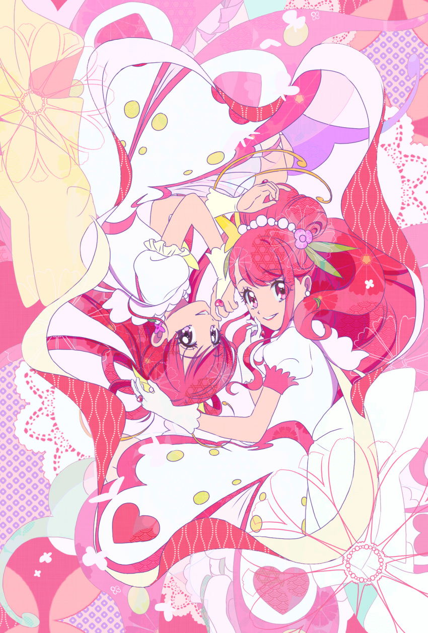 2girls abstract_background back_bow bow cure_dream cure_grace dream_cure_grace dress earrings gloves hair_bun hair_rings hanadera_nodoka healin'_good_precure healin'_good_precure:_yume_no_machi_de_kyun!_tto_gogo!_daihenshin!! highres huge_bow jewelry lipstick long_hair looking_at_viewer magical_girl makeup multiple_girls pink_eyes pink_hair precure puffy_sleeves purple_eyes smile strawberrylove2525 symmetry upside-down white_bow white_dress white_gloves wrist_cuffs yellow_bow yes!_precure_5 yes!_precure_5_gogo! yumehara_nozomi