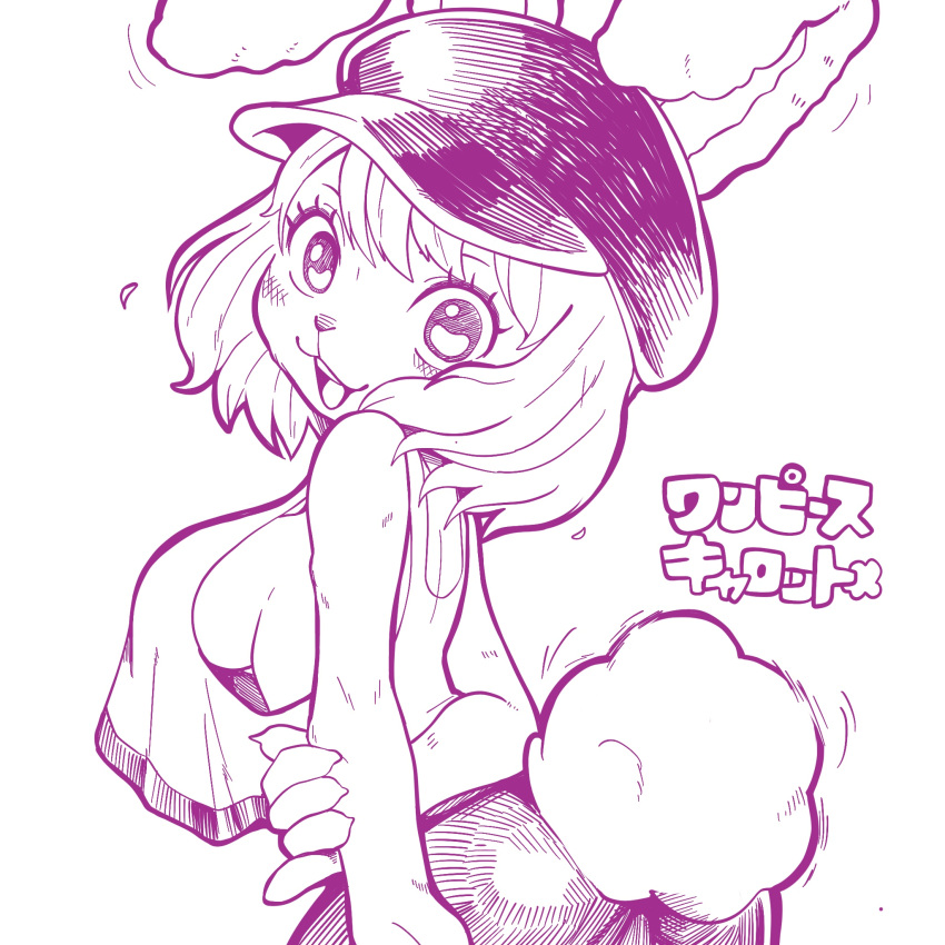 anthro better_version_at_source blonde_hair breasts carrot_(one_piece) clothed clothing female fluffy fluffy_tail hair hat headgear headwear hi_res lagomorph leporid looking_at_viewer mammal minkmen_(one_piece) monochrome one_piece open_:3 rabbit side_boob solo uyu