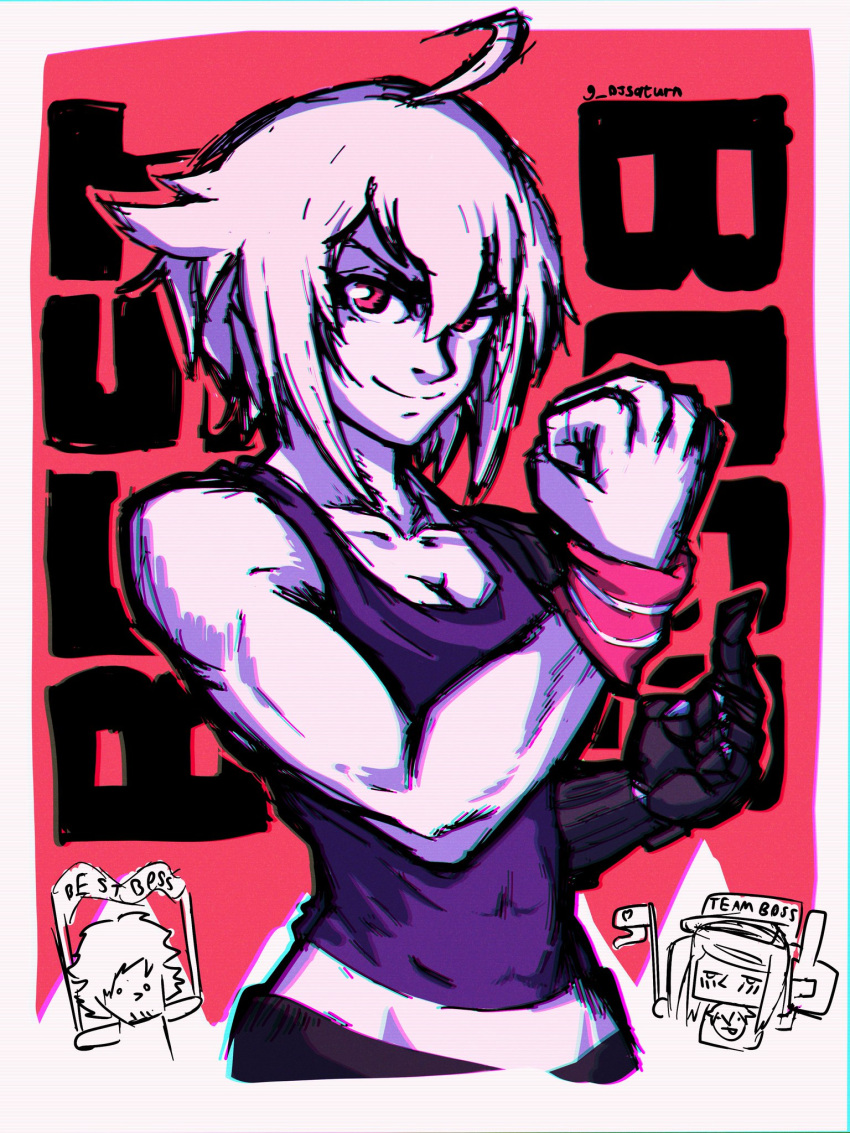 2girls biceps blush bracelet dana_zane djsaturn gillian_(va-11_hall-a) highres jewelry jill_stingray looking_at_viewer mechanical_arms multiple_girls muscular muscular_female navel red_eyes shirt short_hair simple_background single_mechanical_arm smile tomboy va-11_hall-a white_hair