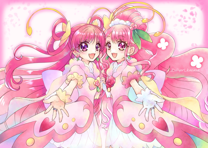 2girls :d absurdres back_bow blush bow cowboy_shot cure_dream cure_grace dream_cure_grace dress earrings flower frills gloves hair_bun hair_flower hair_ornament hair_rings hanadera_nodoka healin'_good_precure healin'_good_precure:_yume_no_machi_de_kyun!_tto_gogo!_daihenshin!! heart highres holding_hands huge_bow jewelry kazusa_hiyori long_hair looking_at_viewer magical_girl multicolored_bow multiple_girls open_mouth outstretched_hand pink_coat pink_eyes pink_flower pink_hair pink_rose pink_theme precure puffy_sleeves purple_eyes ring rose smile standing symmetry twitter_username white_dress white_gloves yes!_precure_5 yes!_precure_5_gogo! yumehara_nozomi