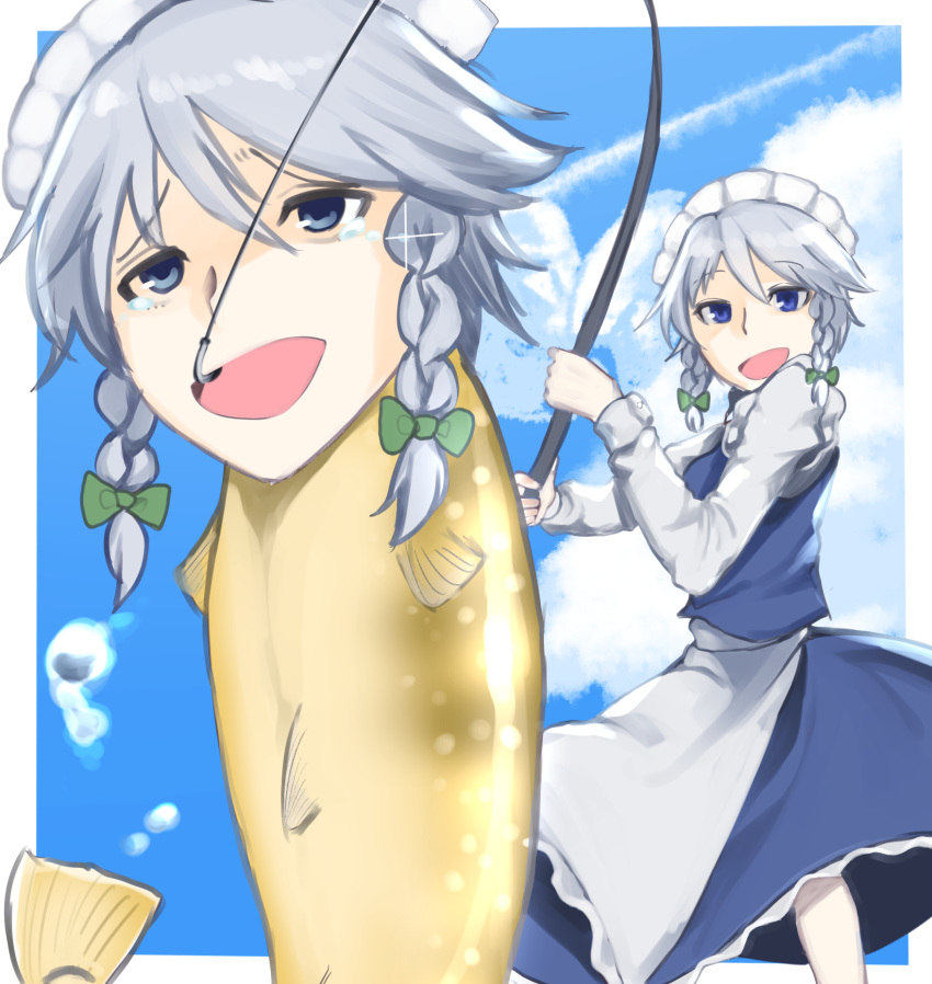 1girl :d apron bangs blue_eyes blue_skirt blue_sky blue_vest braid cloud commentary_request contrail contrapposto cookie_(touhou) eyebrows_visible_through_hair feet_out_of_frame fish fishing fishing_rod genpatsu_(cookie) grey_hair highres holding holding_fishing_rod human_head izayoi_sakuya long_sleeves maid maid_headdress medium_hair okasan01 open_mouth shirt skirt sky smile sparkle tearing_up touhou tsurikichi_obasan twin_braids vest waist_apron white_apron white_shirt