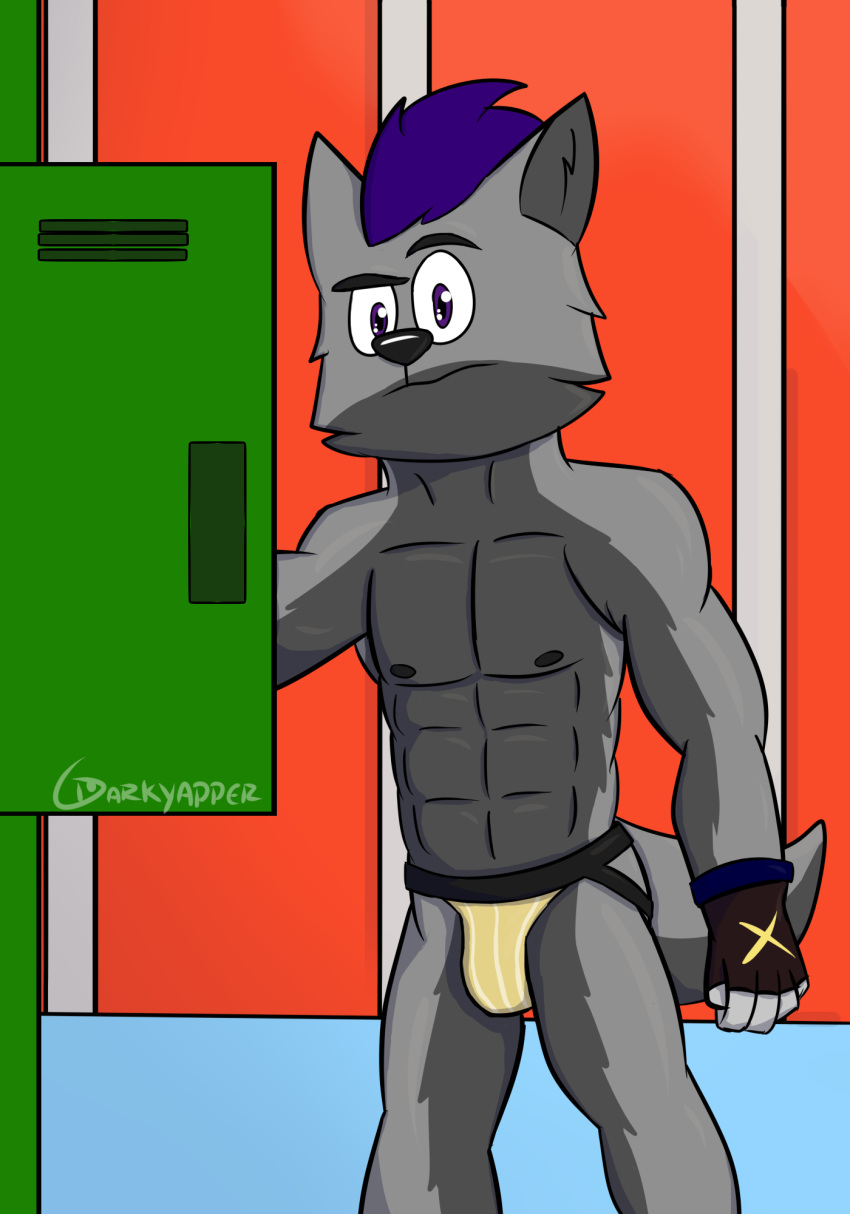 adult anthro barazoku bulge canid canine canis clothing college darkyapper fingerless_gloves gloves hair handwear hi_res invalid_tag jockstrap jockstrap_only locker male male/male mammal muscular nipples pecs purple_hair school solo underwear wolf wolf_tail