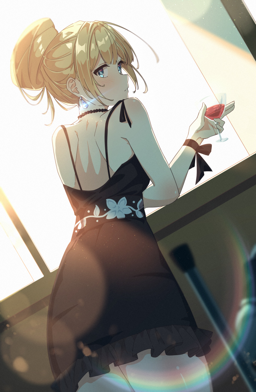 1girl absurdres back bangs bare_arms bare_shoulders black_dress black_ribbon blonde_hair blue_eyes blush closed_mouth cowboy_shot cup dress drinking_glass dutch_angle earrings floral_print frilled_dress frills from_behind highres holding holding_cup hololive hololive_english jewelry jl_tan looking_at_viewer looking_back ribbon sleeveless sleeveless_dress solo standing tied_hair virtual_youtuber watson_amelia wrist_ribbon