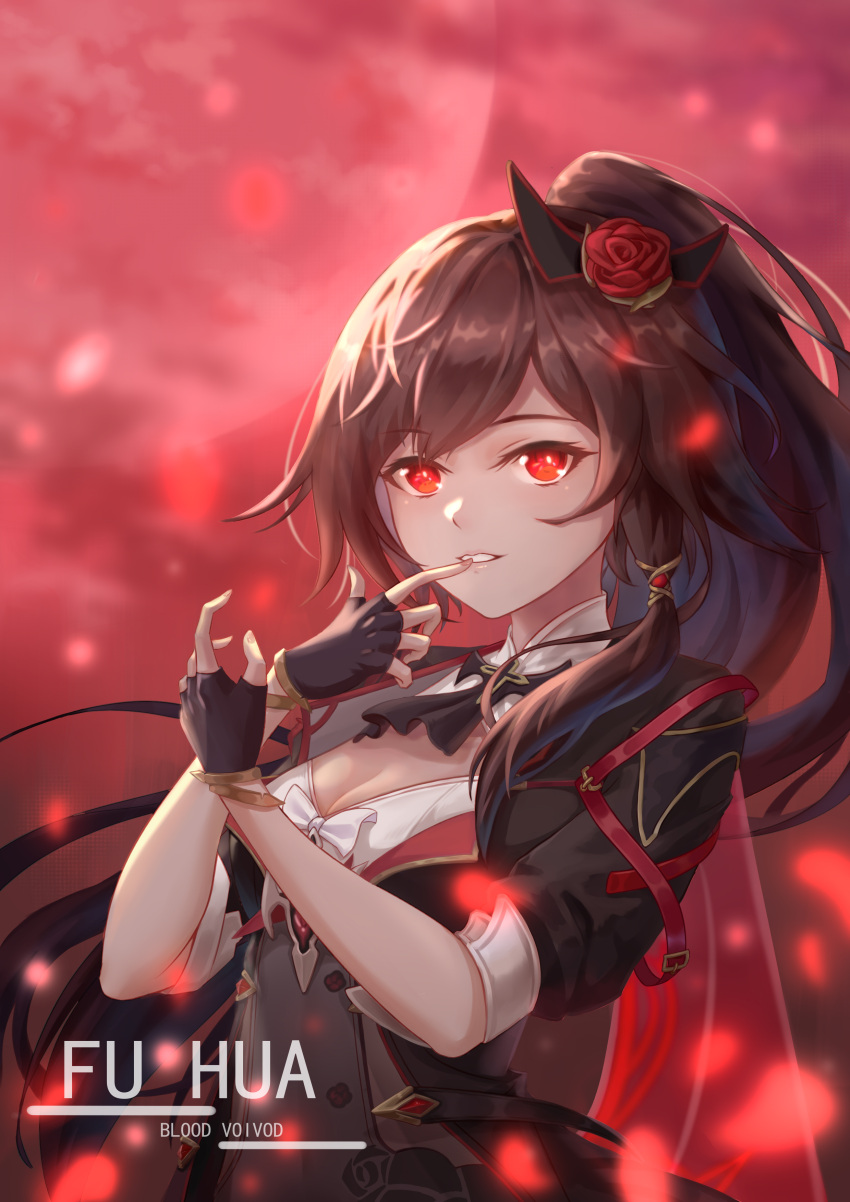 1girl absurdres bangs black_gloves black_hair black_jacket breasts character_name cleavage fingerless_gloves flower fu_hua fu_hua_(shadow_knight) gloves grin hair_flower hair_ornament highres honkai_(series) honkai_impact_3rd jacket long_hair looking_at_viewer open_mouth outdoors ponytail red_eyes red_flower red_rose red_skirt red_sky rose short_sleeves skirt sky smile solo teeth vampire yelan_xing_xuan