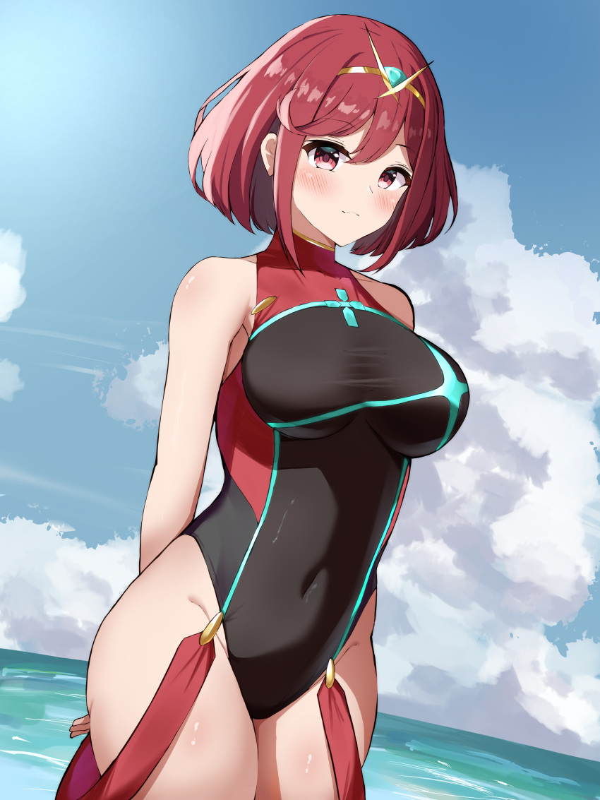 1girl absurdres arms_behind_back bangs black_swimsuit blue_sky breasts closed_mouth cloud commentary competition_swimsuit covered_navel cowboy_shot day eyebrows_visible_through_hair firin highres large_breasts looking_at_viewer one-piece_swimsuit outdoors pyra_(xenoblade) red_eyes red_hair short_hair sky solo standing swimsuit taut_clothes taut_swimsuit tiara water xenoblade_chronicles xenoblade_chronicles_(series) xenoblade_chronicles_2