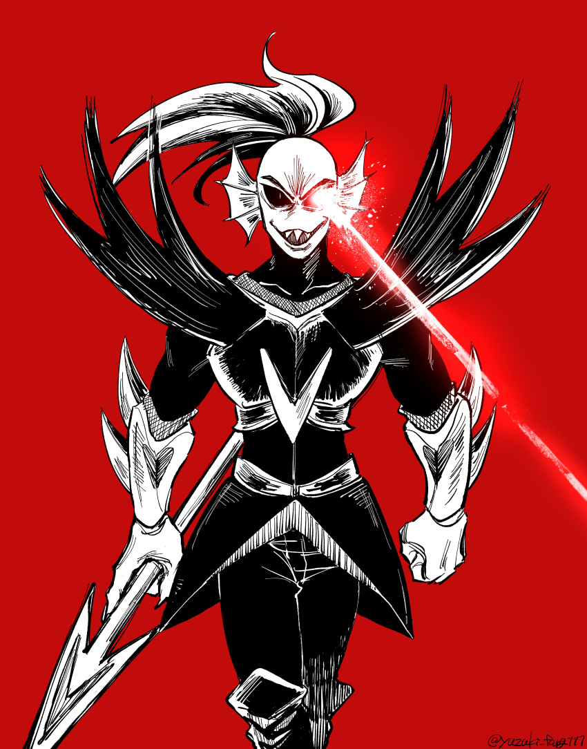 absurd_res animal_humanoid armor clothing ear_fins female fin fish fish_humanoid gloves hair handwear hi_res holding_object holding_weapon humanoid looking_at_viewer marine marine_humanoid melee_weapon polearm ponytail red_background simple_background smile solo spear undertale_(series) undyne weapon yuzuki_fang111