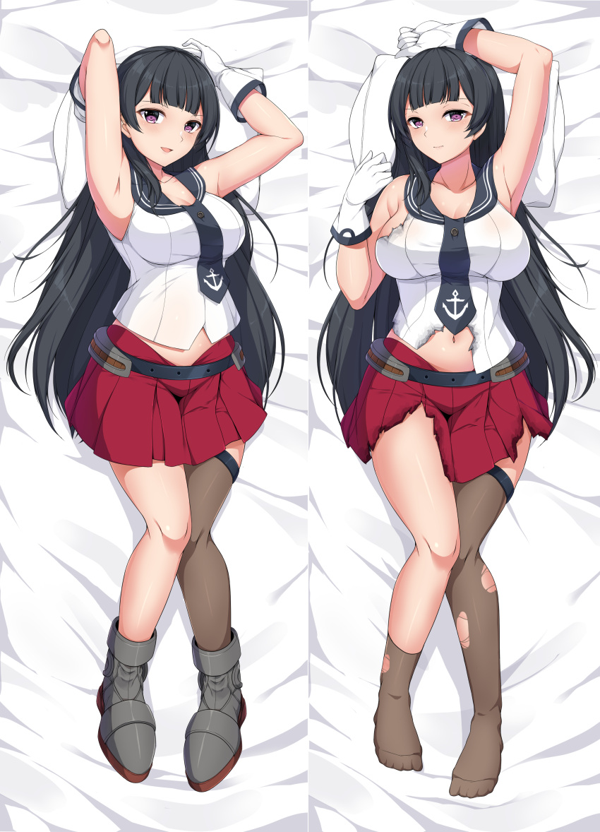 1girl absurdres agano_(kancolle) anchor_symbol asymmetrical_legwear belt black_belt black_hair black_legwear black_necktie breasts commission dakimakura_(medium) english_commentary gloves highres kantai_collection large_breasts long_hair miniskirt navel necktie pillow pixiv_request pleated_skirt purple_eyes red_skirt school_uniform serafuku sheita shirt single_thighhigh skirt sleeveless sleeveless_shirt thighhighs torn_clothes torn_legwear torn_shirt torn_skirt uneven_legwear white_gloves