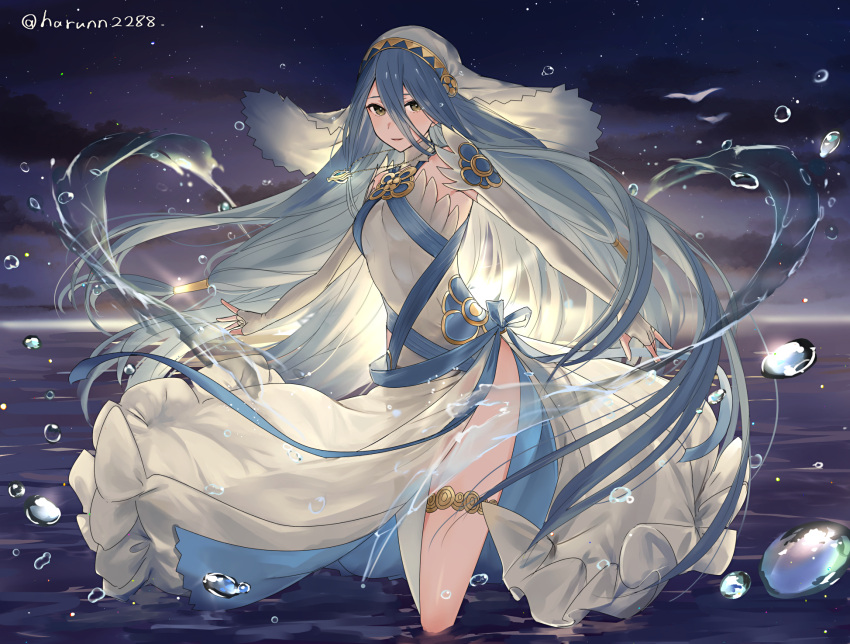 1girl anklet azura_(fire_emblem) bare_shoulders blue_hair bubble cloud cloudy_sky dress fingerless_gloves fire_emblem fire_emblem_fates gloves haru_(nakajou-28) highres jewelry long_hair necklace night partially_submerged side_slit sky sleeveless sleeveless_dress solo sunrise twitter_username veil very_long_hair water white_gloves white_legwear yellow_eyes