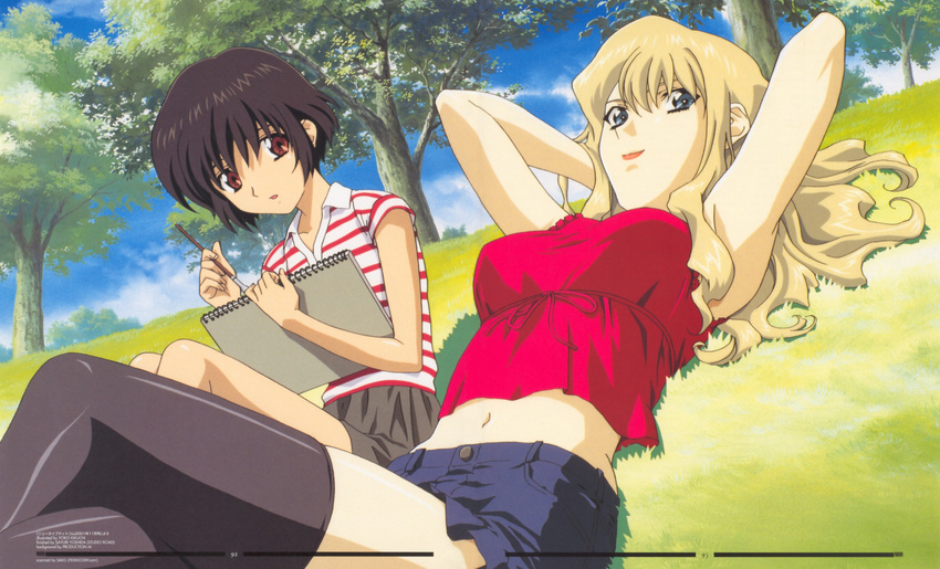 black_hair black_legwear blonde_hair blue_eyes blue_shorts breasts brown_eyes brown_skirt crossed_legs day denim denim_shorts frilled_shorts frills grass highres holding_brush kikuchi_youko large_breasts lipstick long_hair looking_at_viewer lying makeup mireille_bouquet multiple_girls navel newtype noir official_art outdoors page_number paintbrush parted_lips red_lipstick red_shirt scan shirt short_hair shorts sitting sketchbook skindentation skirt sky sleeveless sleeveless_shirt smile striped striped_shirt thighhighs tree yuumura_kirika