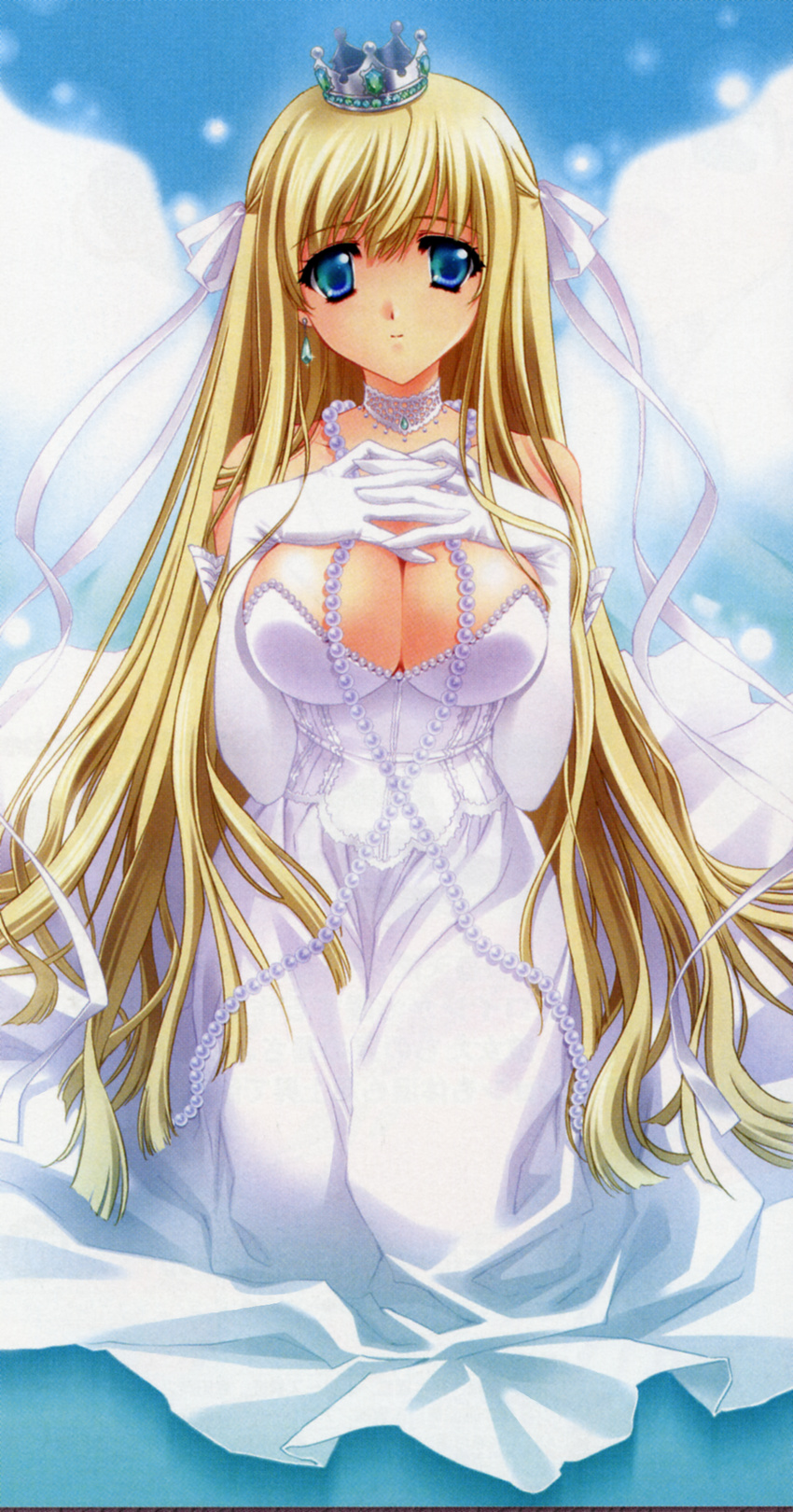 beads breasts carnelian cleavage copyright_request crown dress gloves highres large_breasts scan solo white
